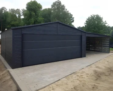 Vieno automobilio skardinis garažas 6×5.8 m Su stogine 4 m Grafito spalva