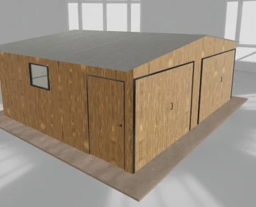 Skardinis garažas dviejų vietų, 6x5 m – stogas dvišlaitis, vartai dvivėriai, Medžio imitacijos