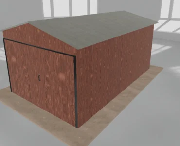 Skardinis garažas 3x5 m – stogas dvišlaitis, vartai dvivėriai, Medžio imitacijos – Modelis 3