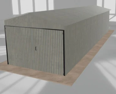 Skardinis garažas 3x10 m – stogas dvišlaitis, vartai dvivėriai, Cinkuotas