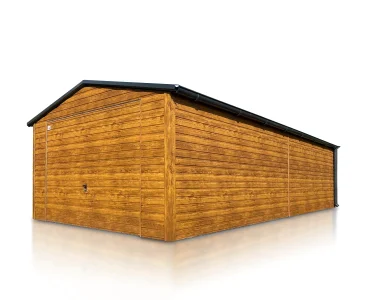 Skardinis garažas 4x8 m – stogas dvišlaitis, vartai pakeliami, Medžio imitacijos