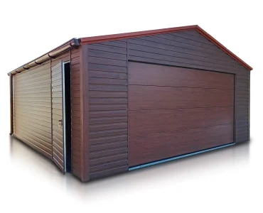 Skardinis garažas 5,8x6 m – stogas dvišlaitis, vartai segmentiniai, Medžio imitacijos