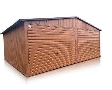 Skardinis garažas dviejų vietų, 6x5 m – stogas dvišlaitis, vartai pakeliami, Medžio imitacijos – Modelis 5