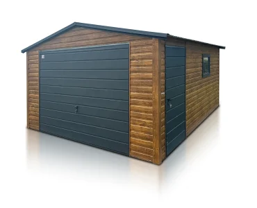 Skardinis garažas 4x6 m – stogas dvišlaitis, vartai pakeliami, Medžio imitacijos – Modelis 6