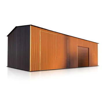 Skardinis angaras 13x6 m – stogas dvišlaitis, vartai segmentiniai, Tamsiai ruda