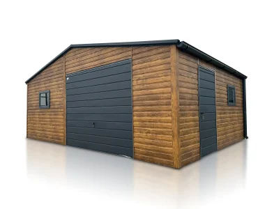 Skardinis garažas 7x5 m – stogas dvišlaitis, vartai pakeliami, Medžio imitacijos