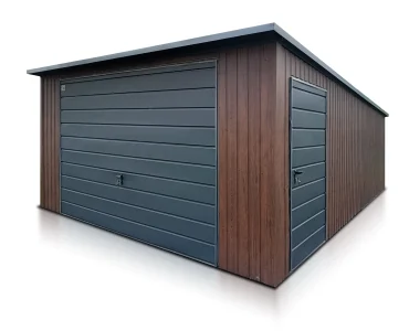 Skardinis garažas 4x6 m – stogas vienšlaitis, vartai pakeliami, Medžio imitacijos – Modelis 2