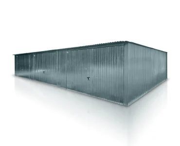 Skardinis garažas trijų vietų, 12x5 m – stogas vienšlaitis, vartai pakeliami, Cinkuotas