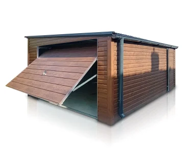 Skardinis garažas 4x5 m – stogas vienšlaitis, vartai pakeliami, Medžio imitacijos – Modelis 2