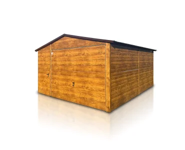 Skardinis garažas 4x6 m – stogas dvišlaitis, vartai pakeliami, Medžio imitacijos – Modelis 4