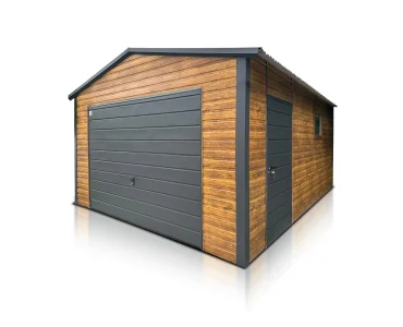 Skardinis garažas 4x6 m – stogas dvišlaitis, vartai pakeliami, Medžio imitacijos – Modelis 5