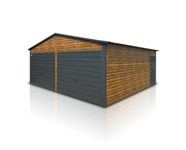 Skardinis garažas dviejų vietų, 6x6 m – stogas dvišlaitis, vartai pakeliami, Medžio imitacijos – Modelis 2