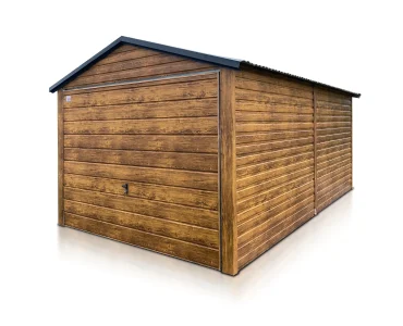 Skardinis garažas 3x5 m – stogas dvišlaitis, vartai pakeliami, Medžio imitacijos – Modelis 2