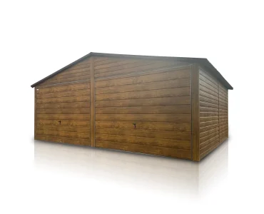 Skardinis garažas dviejų vietų, 6x6 m – stogas dvišlaitis, vartai pakeliami, Medžio imitacijos – Modelis 3