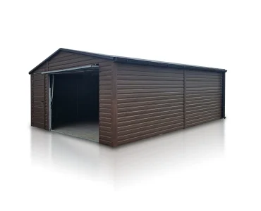 Skardinis garažas 5x6 m – stogas dvišlaitis, vartai pakeliami, Medžio imitacijos
