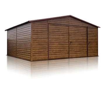Skardinis garažas dviejų vietų, 5x6 m – stogas dvišlaitis, vartai dvivėriai, Medžio imitacijos