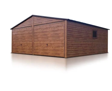 Skardinis garažas dviejų vietų, 6x5 m – stogas dvišlaitis, vartai pakeliami, Medžio imitacijos – Modelis 6