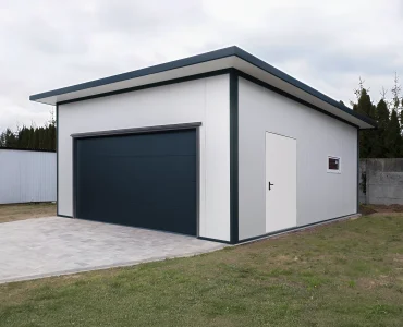 Garažas iš sluoksniuotų plokščių 6x6 m – Balta, segmentiniai vartai Grafitas, 1x durys Balta, 1x langas