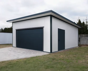 Garažas iš sluoksniuotų plokščių 6x6 m – Balta, segmentiniai vartai Grafitas, 1x durys Grafitas