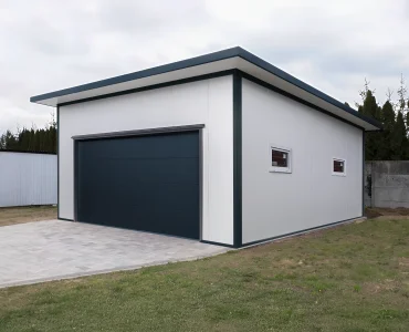 Garažas iš sluoksniuotų plokščių 6x6 m – Balta, segmentiniai vartai Grafitas, 1x durys Grafitas, 2x langas