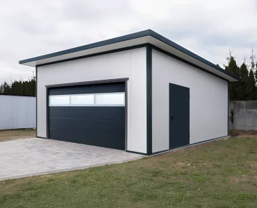 Garažas iš sluoksniuotų plokščių 6x6 m – Balta, segmentiniai vartai Grafitas, įstiklinimas, 1x durys Grafitas