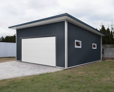Garažas iš sluoksniuotų plokščių 6x6 m – Grafitas, segmentiniai vartai Balta, 2x langas
