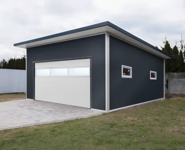 Garažas iš sluoksniuotų plokščių 6x6 m – Grafitas, segmentiniai vartai Balta, įstiklinimas, 2x langas