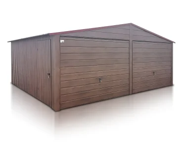 Skardinis garažas dviejų vietų, 6x5,8 m – stogas dvišlaitis, vartai pakeliami, Medžio imitacijos
