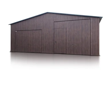 Skardinis garažas dviejų vietų, 8x6 m – stogas dvišlaitis, vartai pakeliami, Medžio imitacijos