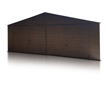 Skardinis garažas dviejų vietų, 7x5 m – stogas dvišlaitis, vartai pakeliami, Medžio imitacijos