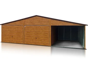 Skardinis garažas dviejų vietų, 6x5 m – stogas dvišlaitis, vartai pakeliami, Medžio imitacijos – Modelis 7