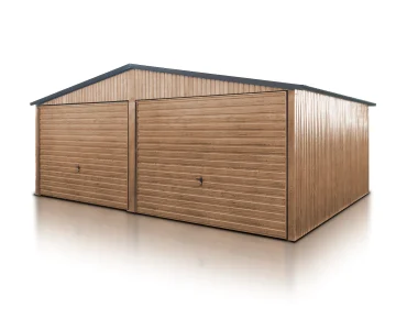 Skardinis garažas dviejų vietų, 6x5 m – stogas dvišlaitis, vartai pakeliami, Medžio imitacijos – Modelis 8