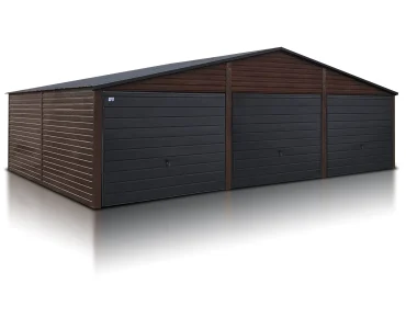 Skardinis garažas trijų vietų, 9x5 m – stogas dvišlaitis, vartai pakeliami, Medžio imitacijos – Modelis 2