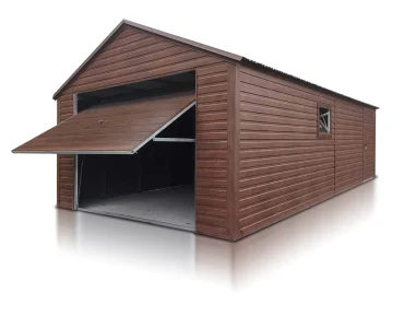 Skardinis garažas 4x5 m – stogas dvišlaitis, vartai pakeliami, Medžio imitacijos – Modelis 4
