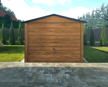 Skardinis garažas 3x6 m – stogas dvišlaitis, vartai pakeliami, Medžio imitacijos