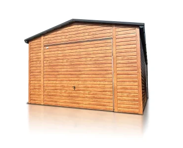 Skardinis garažas 4,5x5 m – stogas dvišlaitis, vartai pakeliami, Medžio imitacijos