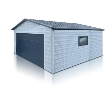 Skardinis garažas 6x5 m – stogas dvišlaitis, vartai segmentiniai, Balta – Modelis 2