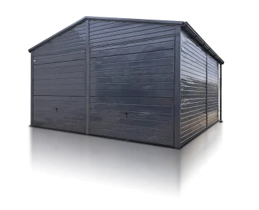 Skardinis garažas dviejų vietų, 6x5 m – stogas dvišlaitis, vartai pakeliami, Grafitas – Modelis 4