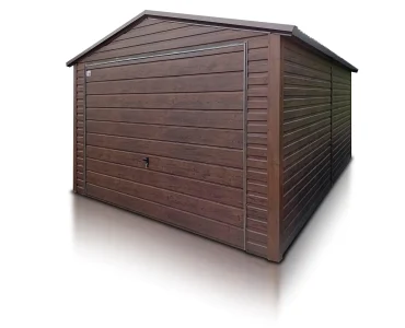 Skardinis garažas 4x5 m – stogas dvišlaitis, vartai pakeliami, Medžio imitacijos – Modelis 5