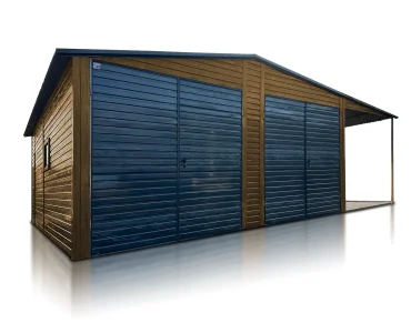 Skardinis garažas dviejų vietų, 7x5 m – stogas dvišlaitis, vartai pakeliami, Medžio imitacijos, stoginė 3 m