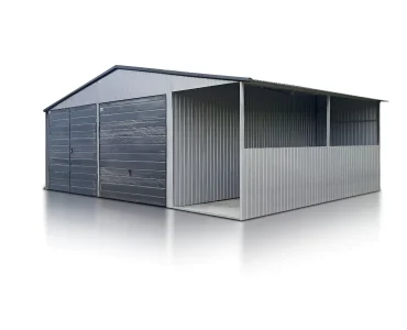 Skardinis garažas dviejų vietų, 6x6 m – stogas dvišlaitis, vartai pakeliami, Aliuminis, stoginė 2 m