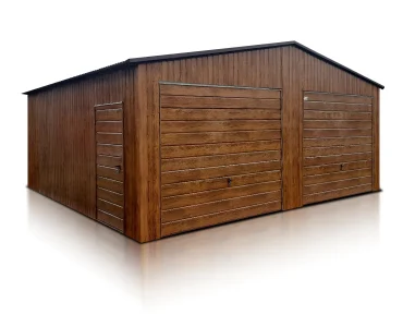 Skardinis garažas dviejų vietų, 7x5 m – stogas dvišlaitis, vartai pakeliami, Medžio imitacijos – Modelis 2