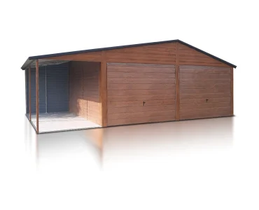 Skardinis garažas dviejų vietų, 6x5 m – stogas dvišlaitis, vartai pakeliami, Medžio imitacijos, stoginė 2 m – Modelis 2