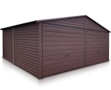 Skardinis garažas dviejų vietų, 6x6,5 m – stogas dvišlaitis, vartai pakeliami, Tamsiai ruda