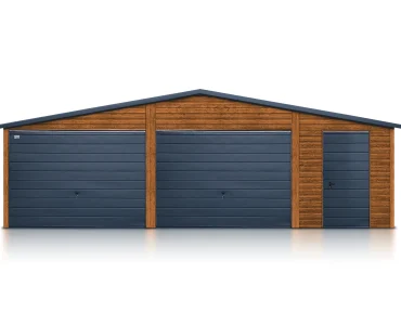 Skardinis garažas su ūkine patalpa dviejų vietų, 8x6 m – stogas dvišlaitis, vartai pakeliami, Medžio imitacijos