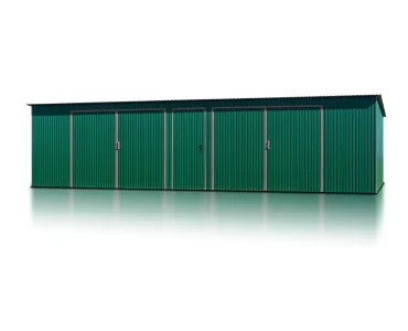 Skardinis garažas dviejų vietų, 10x6 m – stogas vienšlaitis, vartai dvivėriai, Žalias