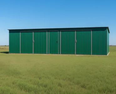 Skardinis garažas dviejų vietų, 10x6 m – stogas vienšlaitis, vartai dvivėriai, Žalias