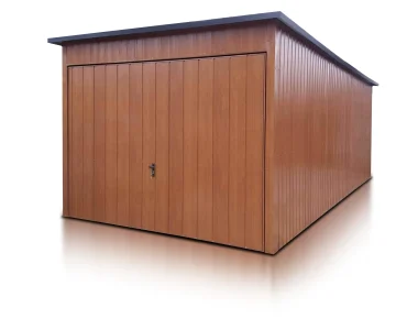 Skardinis garažas 3x6 m – stogas vienšlaitis, vartai pakeliami, Medžio imitacijos – Modelis 2