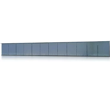Skardinis garažas 18x5 m – stogas vienšlaitis, vartai dvivėriai, Balta
