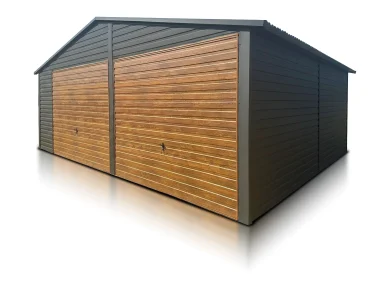Skardinis garažas dviejų vietų, 6,5x5 m – stogas dvišlaitis, vartai pakeliami, Medžio imitacijos Juodos spalvos